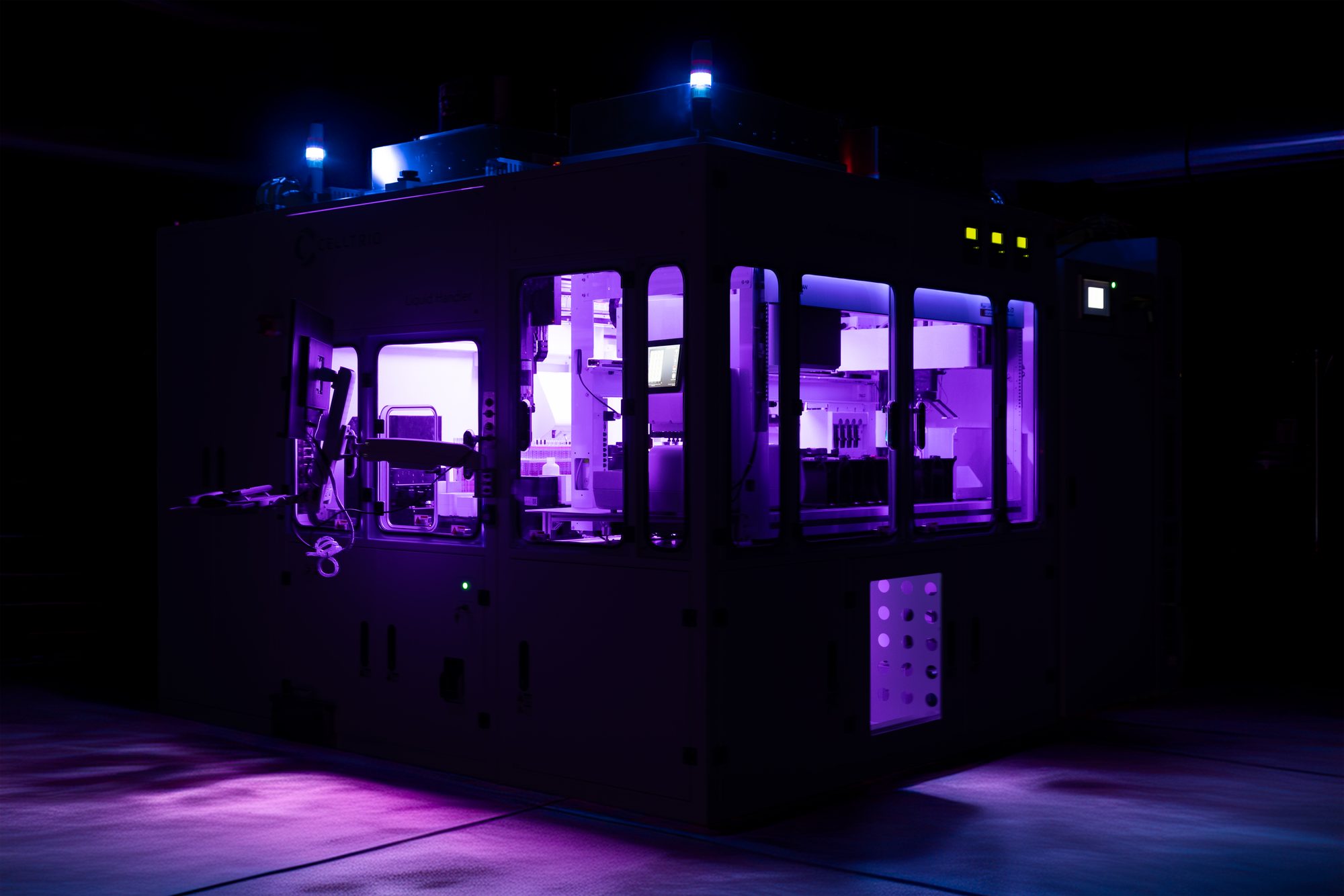 RoboCell system running with interior lighting in a dark lab