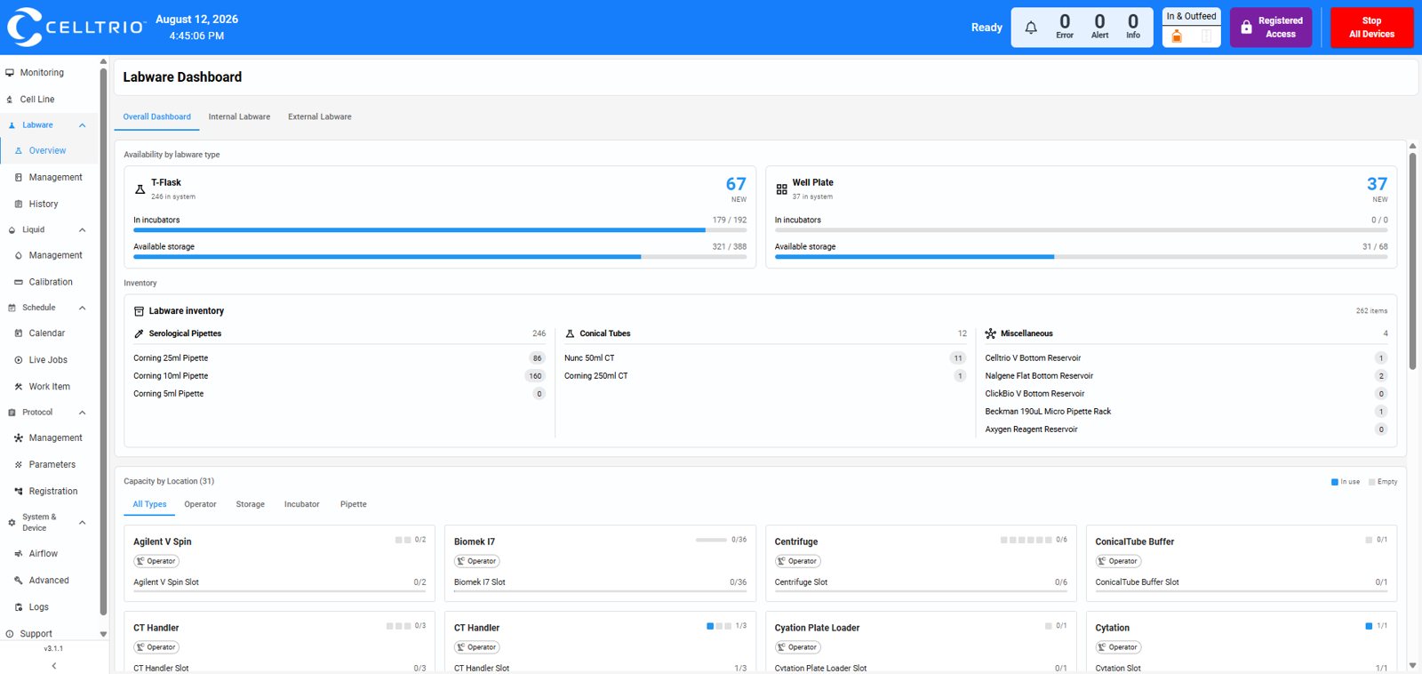 Bioflow Operator labware dashboard showing storage capacity and inventory